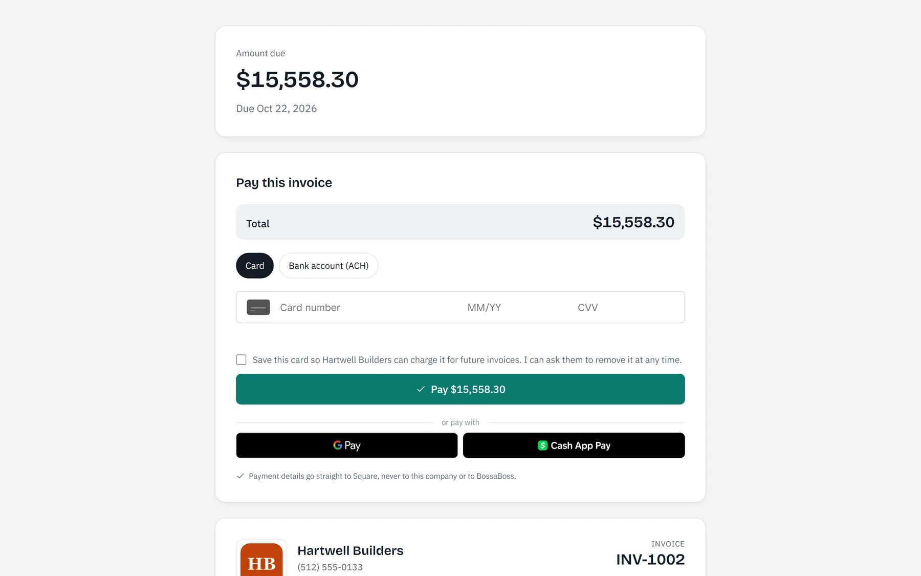 Screen from the BossaBoss app: Invoices that get paid