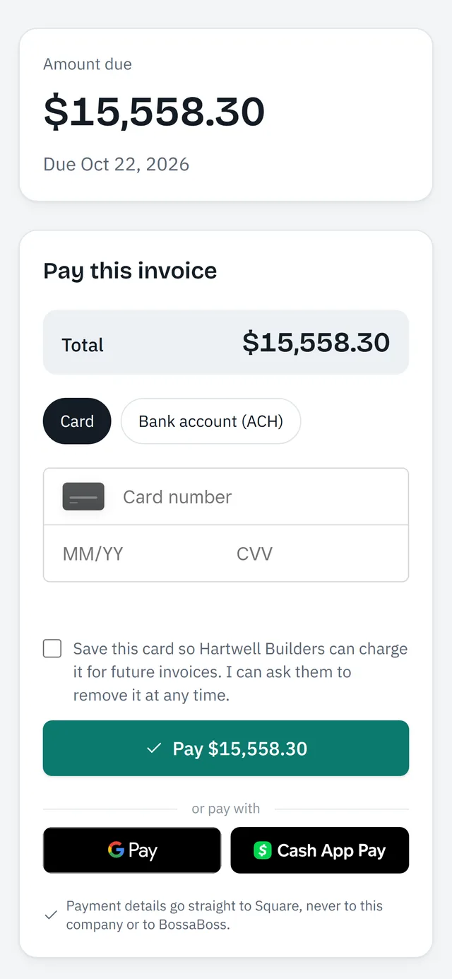 An invoice opened on a phone, ready to be paid by card or bank