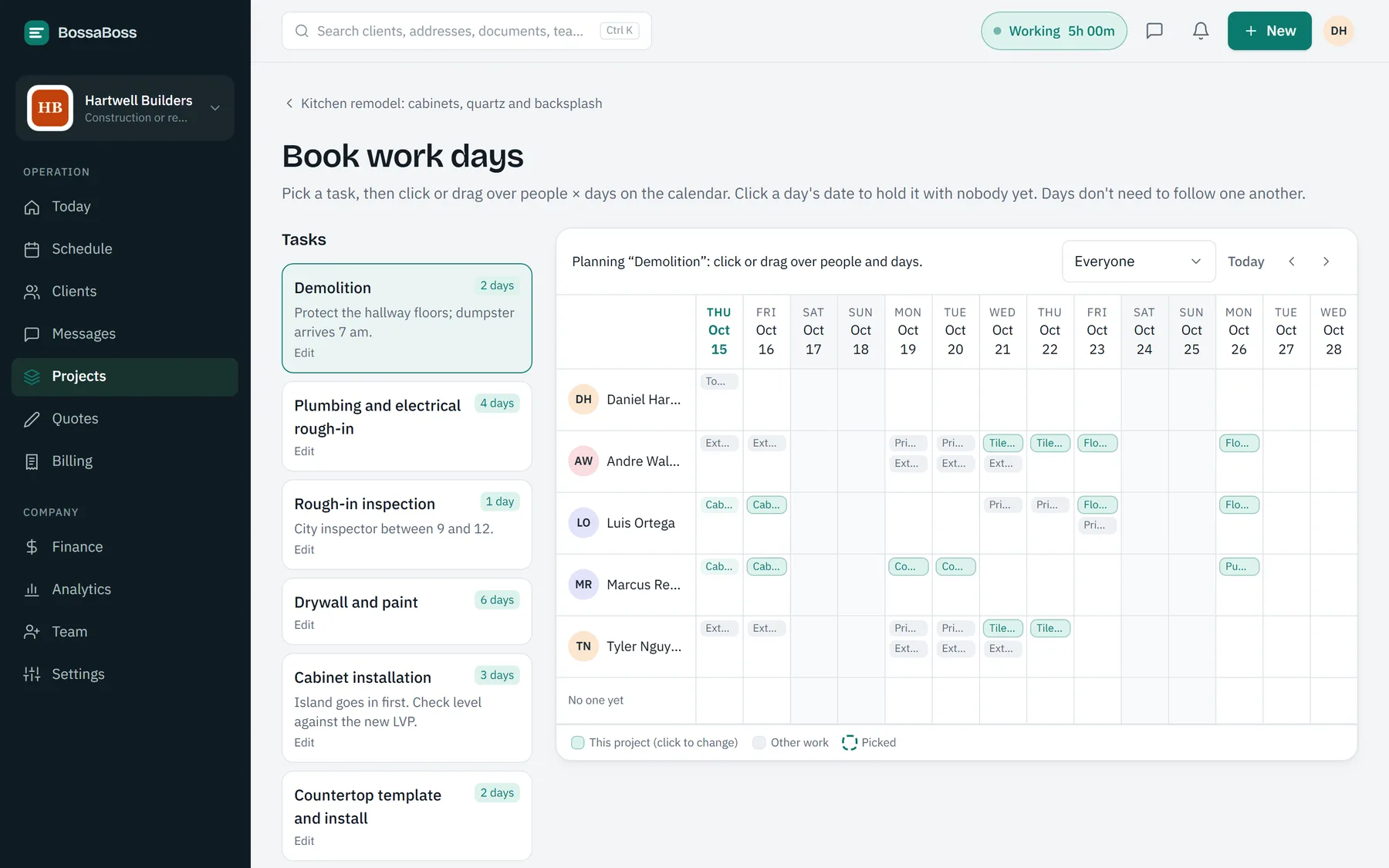 Screen from the BossaBoss app: Projects that run for days