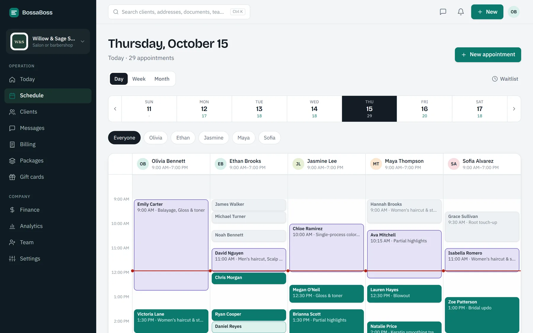 The BossaBoss schedule for a salon, with each stylist's appointments for the day