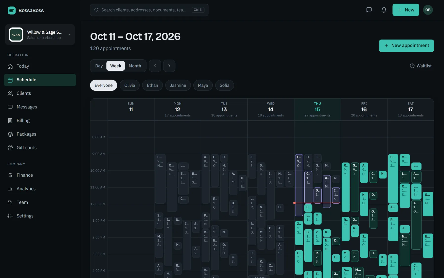 Tela do app BossaBoss: Uma agenda que mostra o dia inteiro