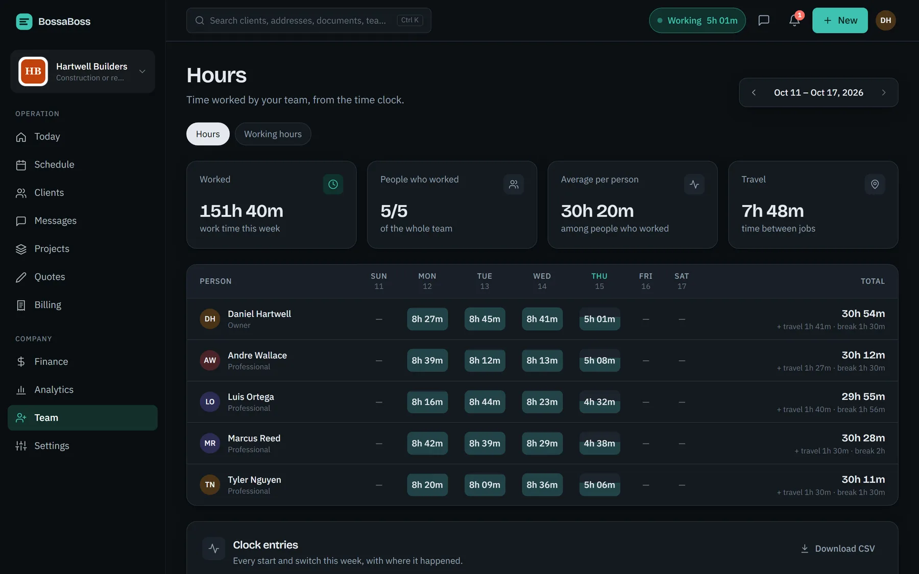 Screen from the BossaBoss app: Field service