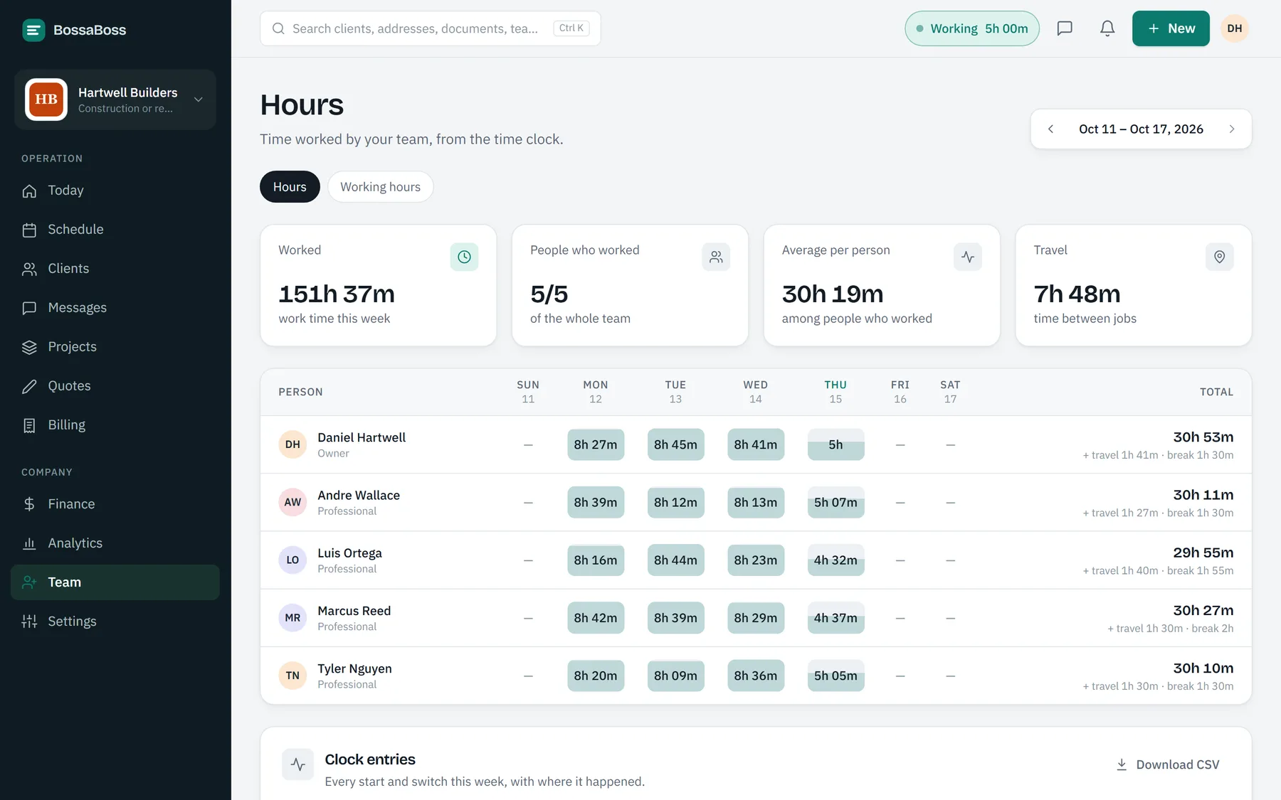 Screen from the BossaBoss app: Field service